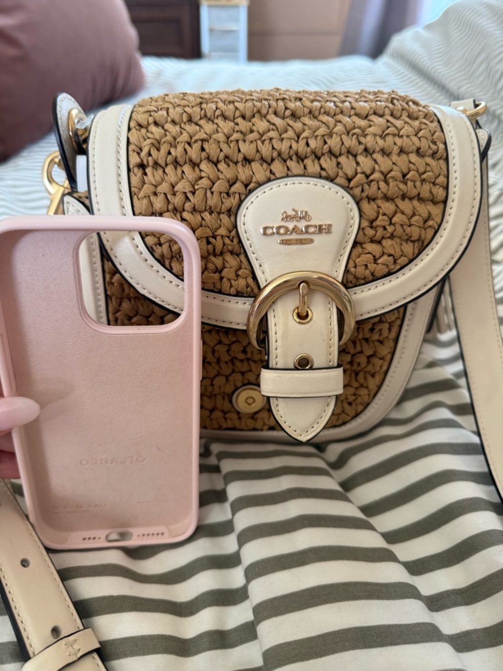 Discontinued Coach Woven Straw Crossbody Bag w/ Cream White Leather Trim Gold - Picture 10 of 11